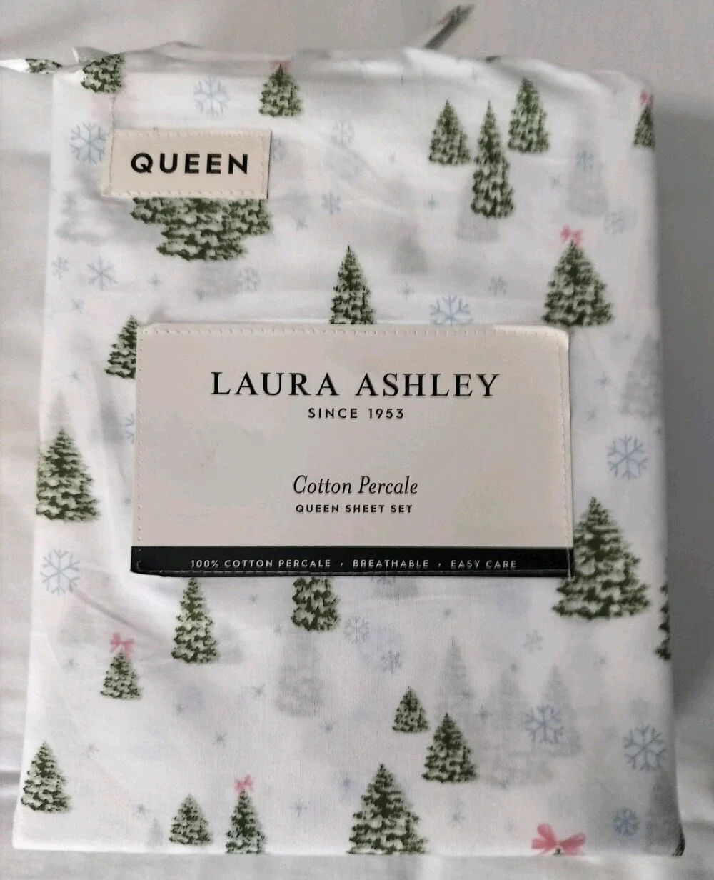 Laura Ashley Queen Sheet Set Floral 4pc 4 Piece 100% Cotton Percale Christmas